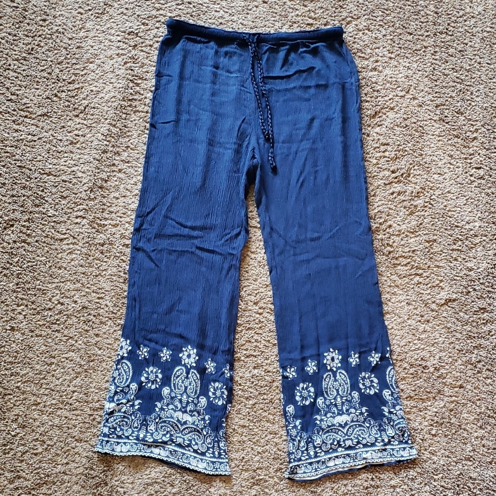 Navy Blue Boho Pants with White Paisley Hem Size Medium